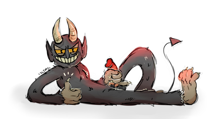 cuphead_(game) demon erection grin horn looking_at_viewer male masturbation not_furry penile_masturbation penis slimiesteel smile solo the_devil_(cuphead) thumbs_up video_games