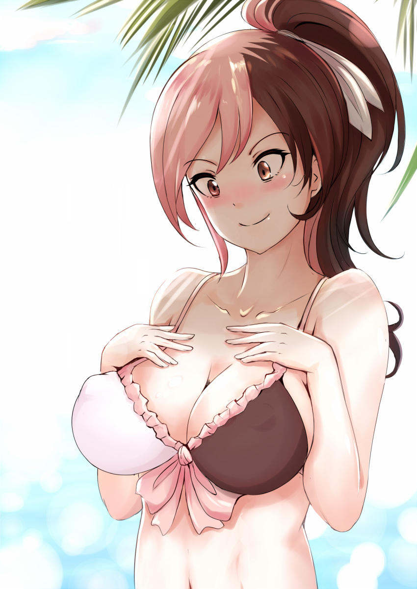 bikini blue_sky blurry blurry_background blush breasts brown_eyes brown_hair cleavage collarbone covered_nipples day eyebrows_visible_through_hair frilled_bikini frills highres long_hair medium_breasts multicolored_hair neo_(rwby) nonoririn pink_hair ponytail rwby sky smile solo swimsuit tree two-tone_hair upper_body water