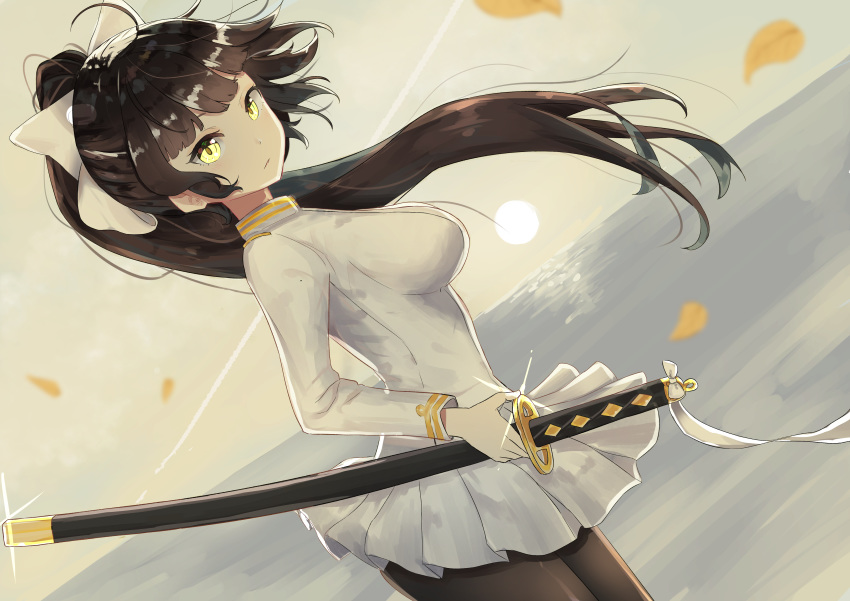 absurdres azur_lane bangs bow breasts brown_eyes brown_hair brown_legwear closed_mouth commentary coraman dutch_angle from_side hair_bow high_ponytail highres holding holding_sheath horizon jacket katana large_breasts long_hair long_sleeves looking_at_viewer looking_to_the_side ocean outdoors pantyhose parted_lips petals pleated_skirt ponytail ribbon sheath sheathed sidelocks skirt sky solo sun sunset sword takao_(azur_lane) very_long_hair water weapon white_bow white_jacket white_ribbon white_skirt