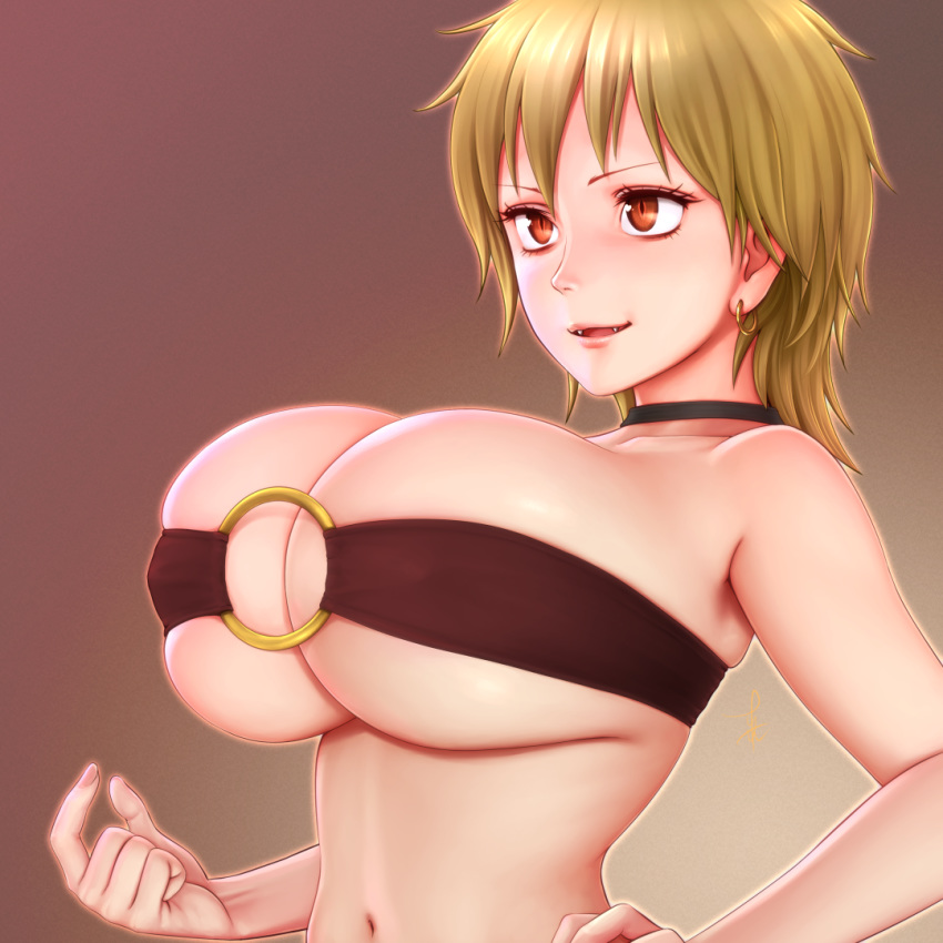 :d bangs bare_shoulders black_choker blonde_hair breasts choker covered_nipples earrings fangs fingernails gradient gradient_background horiishi_horuto huge_breasts jewelry medium_hair navel o-ring o-ring_top open_mouth orange_eyes original smile solo underboob