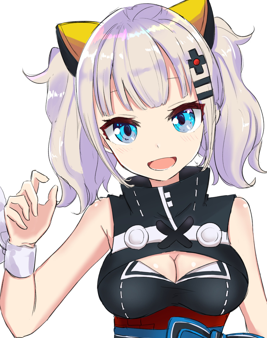 :d bangs bare_shoulders black_dress blue_eyes blunt_bangs blush breasts cleavage cleavage_cutout commentary_request coraman dress eyebrows_visible_through_hair eyelashes hair_ornament hairclip hand_up head_tilt highres kaguya_luna kaguya_luna_(character) long_hair looking_at_viewer medium_breasts obi open_mouth ribbon sash sidelocks silver_hair simple_background sleeveless sleeveless_dress smile solo tsurime twintails virtual_youtuber white_background white_ribbon wrist_ribbon