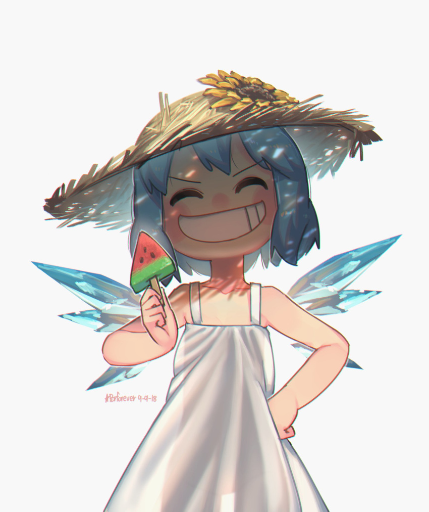 artist_name backlighting blue_hair cirno closed_eyes commentary cowboy_shot dated dress english_commentary facing_viewer flower food grin hand_on_hip hat hat_flower highres holding holding_food ice ice_wings popsicle porforever see-through_silhouette short_hair simple_background sleeveless sleeveless_dress smile solo standing straw_hat sundress sunflower touhou v-shaped_eyebrows watermelon_bar white_background white_dress wings