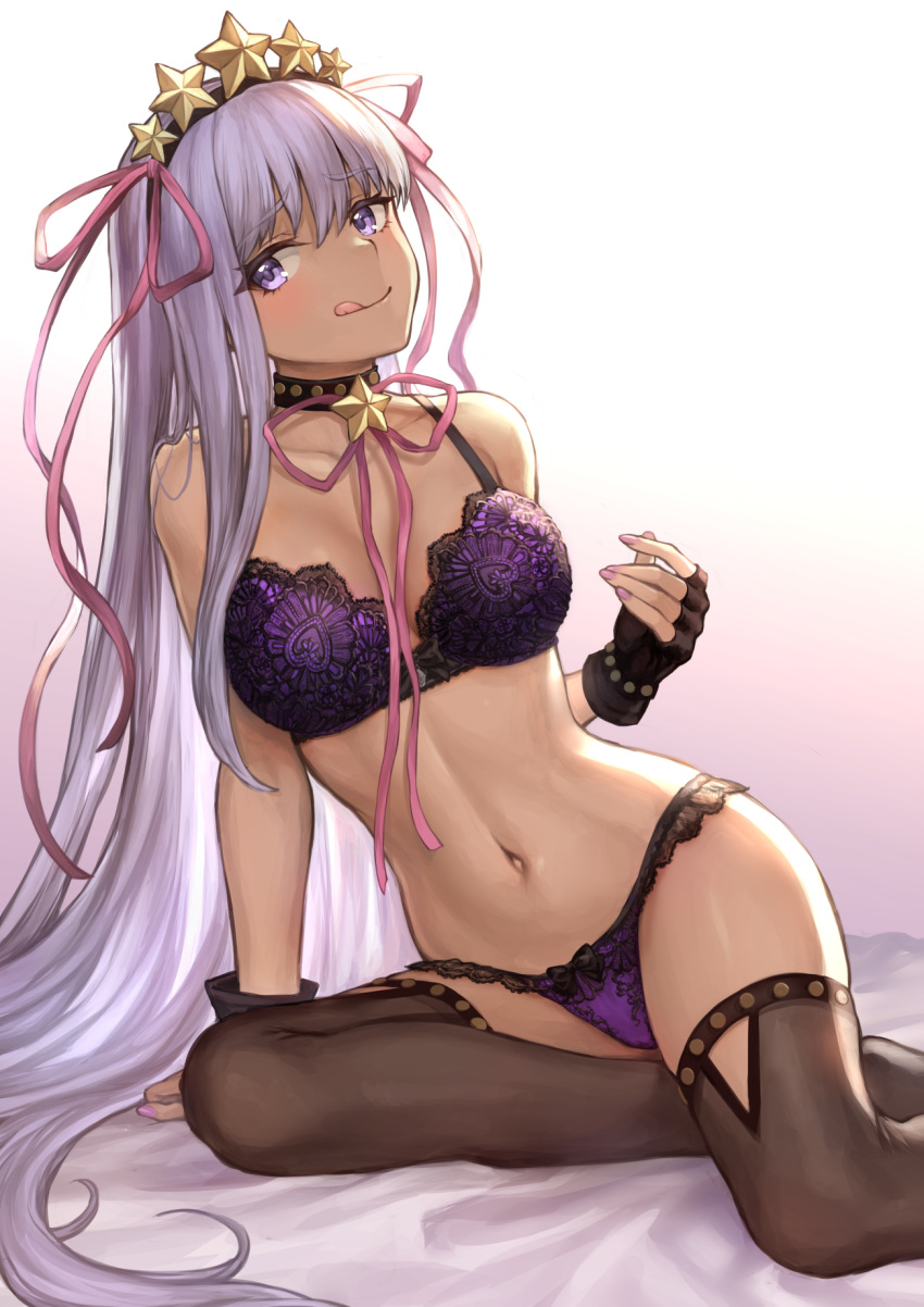 alternate_costume arm_support bb_(fate)_(all) bb_(swimsuit_mooncancer)_(fate) bed bed_sheet black_gloves black_legwear bra breasts commentary dated earrings eyebrows_visible_through_hair fate/grand_order fate_(series) fingerless_gloves floral_print gloves gold_trim gradient gradient_background hair_ornament hairband head_tilt highleg highleg_panties highres jewelry large_breasts licking_lips long_hair looking_at_viewer mashu_003 navel on_bed panties purple_bra purple_eyes purple_hair purple_panties purple_ribbon ribbon rose_print signature sitting solo star star_earrings star_hair_ornament tan thighhighs tongue tongue_out twitter_username underwear underwear_only very_long_hair