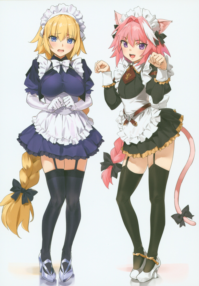 1girl absurdres alternate_costume animal_ear_fluff animal_ears apron astolfo_(fate) belt bird blonde_hair blue_eyes blush bow braid cat_ears cat_girl cat_tail catboy crossdressing dress eagle elbow_gloves embarrassed emblem enmaided eyebrows_visible_through_hair fang fate/apocrypha fate/grand_order fate_(series) flat_chest frilled_apron frills full_body garter_straps gloves gold_trim grey_background hair_intakes hands_up headpiece high_heels highres incredibly_absurdres jeanne_d'arc_(fate) jeanne_d'arc_(fate)_(all) kemonomimi_mode lion long_braid long_hair long_sleeves maid maid_apron maid_headdress multicolored_hair open_mouth orange_maru otoko_no_ko paw_pose pink_hair puffy_sleeves purple_eyes ribbon scan simple_background single_braid skindentation streaked_hair tail tail_bow tail_ribbon thighhighs two-tone_hair very_long_hair waist_apron white_apron wrist_cuffs yang-do zettai_ryouiki