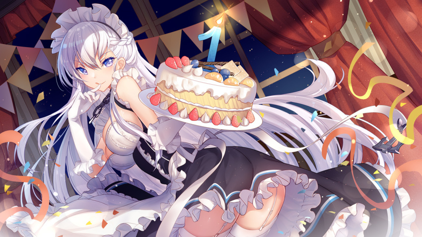 :q anchor apron ass azur_lane bangs belfast_(azur_lane) bison_cangshu blue_eyes blush braid breasts chain cleavage collar collarbone commentary_request confetti curtains dress eyebrows_visible_through_hair finger_to_mouth french_braid frilled_gloves frilled_sleeves frills garter_straps gloves hand_up holding_cake indoors large_breasts long_hair looking_at_viewer looking_back maid maid_headdress night shushing sidelocks silver_hair skindentation sky smile solo star_(sky) starry_sky streamers tongue tongue_out twisted_torso white_gloves white_legwear window