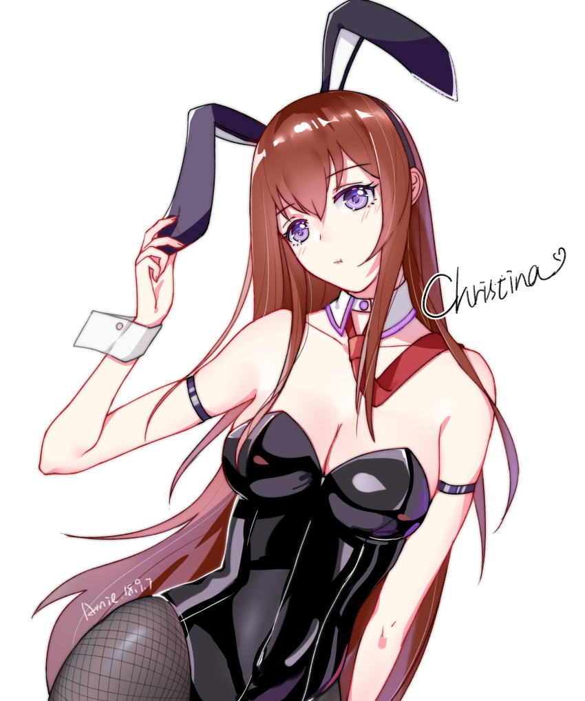absurdres amiemie animal_ears bare_shoulders blush breasts brown_hair bunny_ears bunnysuit character_name cleavage dated detached_collar fishnet_pantyhose fishnets hand_on_headwear highres long_hair looking_at_viewer makise_kurisu medium_breasts necktie pantyhose purple_eyes signature simple_background solo steins;gate straight_hair very_long_hair white_background wrist_cuffs