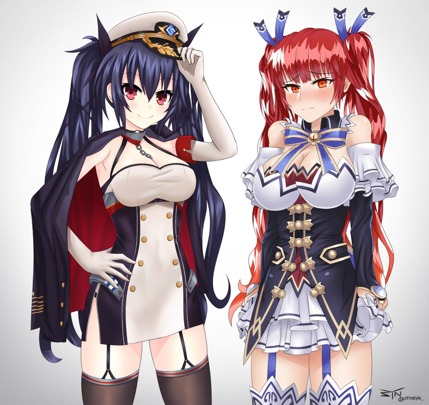 azur_lane black_hair breasts cape chain choujigen_game_neptune cleavage commentary cosplay crossover detached_sleeves hat highres honolulu_(azur_lane) large_breasts long_hair looking_at_viewer multiple_girls neptune_(series) noire red_eyes red_hair simple_background smile syn_(synstyle) thighhighs twintails white_background