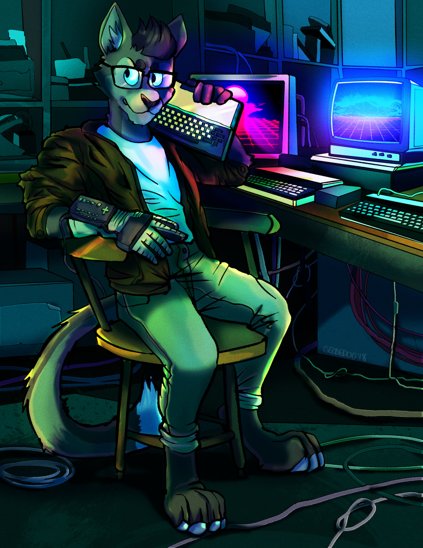 1980s 2018 4_toes absurd_res anthro black_hair black_nose blue_eyes burlington cat cheek_tuft clothed clothing computer cyberpunk digital_media_(artwork) eyewear feline fur geodedog glasses grey_fur grey_hair hair hi_res kung_fury male mammal multicolored_fur neon paws retro retrowave sitting solo technophilia toes tuft vaporwave