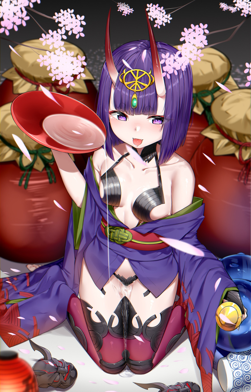 arm_up bangs bare_shoulders barefoot blunt_bangs blurry blurry_background blush breasts collarbone commentary cup depth_of_field fangs fate/grand_order fate_(series) flower headpiece highres holding horns japanese_clothes kimono kneeling long_sleeves looking_at_viewer off_shoulder oni oni_horns petals pink_flower pouring purple_eyes purple_hair purple_kimono red_legwear revealing_clothes sakazuki short_hair shuten_douji_(fate/grand_order) small_breasts solo suzuharu_toufu thighhighs tongue tongue_out wide_sleeves