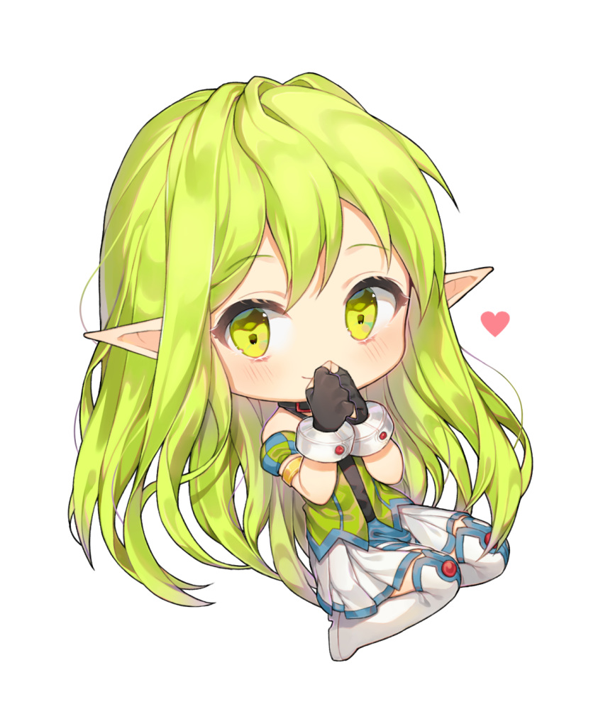 bracelet chibi cyg38801 detached_sleeves elf elsword eyebrows_visible_through_hair green_eyes green_hair hand_to_own_mouth heart highres jewelry long_hair pointy_ears rena_(elsword)