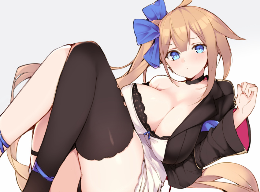 ankle_ribbon black_bra black_legwear black_panties blue_eyes blush bow bra breasts brown_hair choker cleavage commentary_request dress fal_(girls_frontline) girls_frontline grey_background hair_bow haruyuki_(yukichasoba) knees_together_feet_apart large_breasts long_hair off_shoulder panties ribbon short_dress side_ponytail sidelocks simple_background single_thighhigh solo thighhighs thighlet unaligned_breasts underwear very_long_hair white_dress