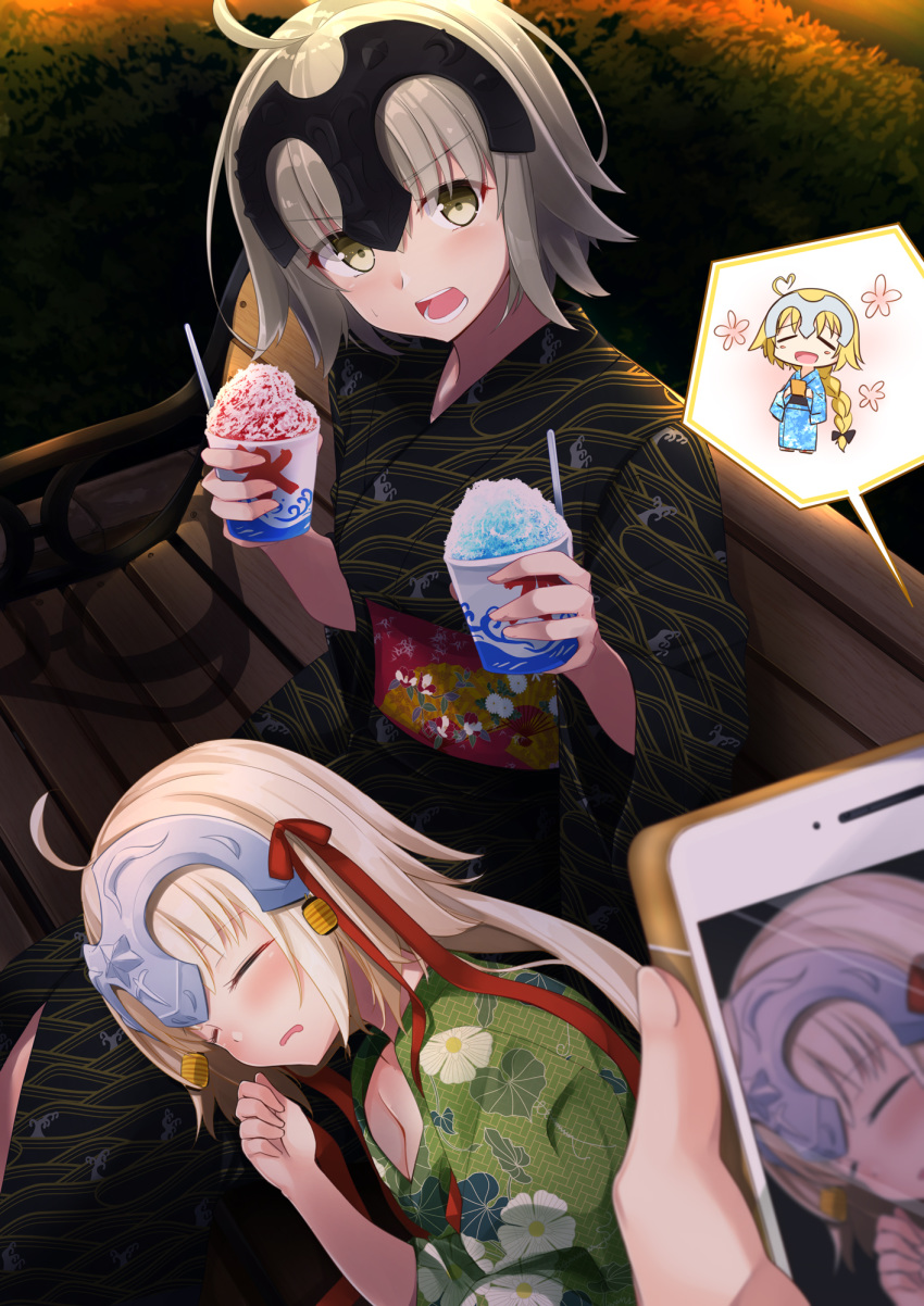 :d ahoge bangs bench black_kimono blonde_hair blue_kimono blush braid breasts brown_eyes cellphone closed_eyes commentary_request eyebrows_visible_through_hair fate/grand_order fate_(series) fingernails floral_print green_kimono hair_between_eyes hair_ribbon hands_up headpiece heart_ahoge highres holding holding_cellphone holding_phone japanese_clothes jeanne_d'arc_(alter)_(fate) jeanne_d'arc_(fate) jeanne_d'arc_(fate)_(all) jeanne_d'arc_alter_santa_lily kimono lap_pillow long_hair long_sleeves lying multiple_girls obi on_bench on_side open_mouth out_of_frame outdoors park_bench parted_lips phone print_kimono red_ribbon ribbon sasahara_wakaba sash shaved_ice silver_hair single_braid sitting sitting_on_bench small_breasts smartphone smile speech_bubble spoken_character taking_picture unmoving_pattern very_long_hair wide_sleeves