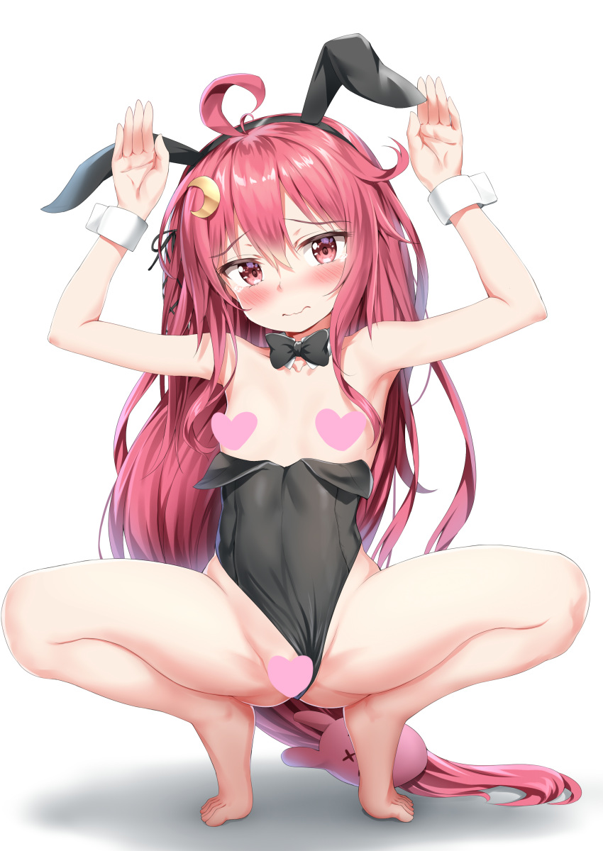 absurdres ahoge animal_ears arms_up bangs bare_shoulders barefoot black_hairband black_leotard blush bow bowtie bunny_ears bunny_girl bunny_hair_ornament bunny_pose bunnysuit censored closed_mouth commentary_request crescent crescent_hair_ornament detached_collar eyebrows_visible_through_hair full_body gradient gradient_background grey_background groin hair_between_eyes hair_ornament hairband heart heart_censor highres kantai_collection leotard leotard_aside leotard_pull long_hair nedia_(nedia_region) red_eyes red_hair solo spread_legs squatting strapless strapless_leotard tears tiptoes uzuki_(kantai_collection) very_long_hair wavy_mouth white_background wrist_cuffs x_x