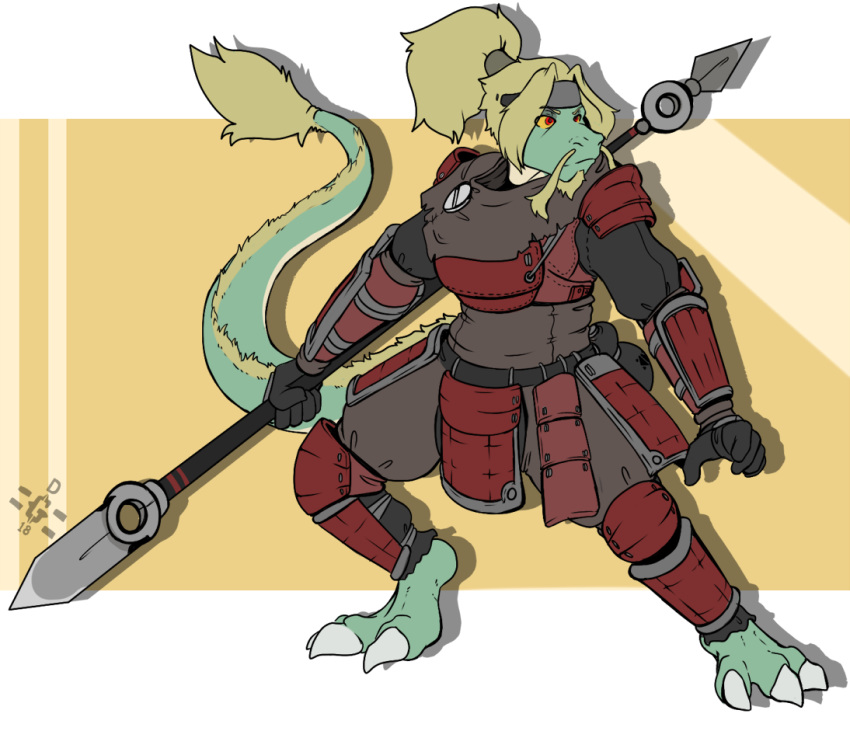 anthro armor blonde_hair clothed clothing dannyg dragon eastern_dragon facial_hair female goatee hair melee_weapon polearm simple_background solo spear standing weapon