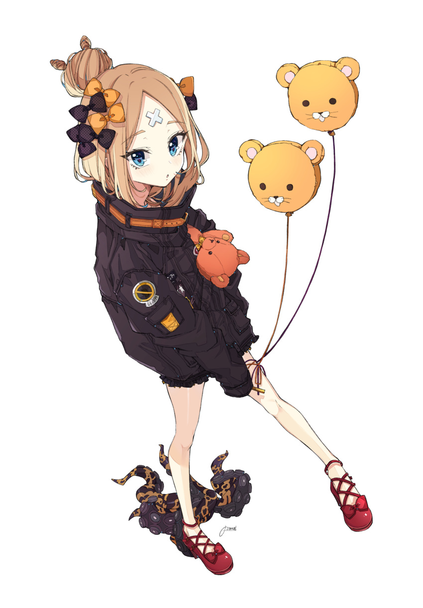 abigail_williams_(fate/grand_order) absurdres alternate_hairstyle balloon bandaid_on_forehead bangs belt black_bow black_jacket blonde_hair blue_eyes blush bow fate/grand_order fate_(series) forehead hair_bow hair_bun heroic_spirit_traveling_outfit high_collar highres holding holding_stuffed_animal jacket legs loafers long_hair looking_at_viewer looking_up open_mouth orange_bow osanai parted_bangs polka_dot polka_dot_bow shoes simple_background sleeves_past_fingers sleeves_past_wrists solo stuffed_animal stuffed_toy suction_cups teddy_bear tentacles thighs white_background