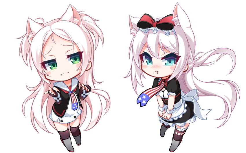 :t american_flag american_flag_print animal_ears apron azur_lane bangs bare_shoulders black_dress black_gloves black_jacket black_legwear blue_eyes blush blush_stickers boots bow cat_ears chibi closed_mouth commentary_request dress elbow_gloves eyebrows_visible_through_hair fingerless_gloves flag_print frilled_apron frills gloves grey_footwear hair_between_eyes hair_bow hammann_(azur_lane) hands_up highres jacket kirisame_mia knee_boots long_hair multiple_girls nose_blush one_eye_closed parted_bangs pout print_neckwear puffy_short_sleeves puffy_sleeves red_bow short_sleeves sidelocks silver_hair simple_background sims_(azur_lane) sleeveless sleeveless_dress smile standing thighhighs thighhighs_under_boots two_side_up very_long_hair waist_apron white_apron white_background white_bow white_dress white_hair wrist_cuffs