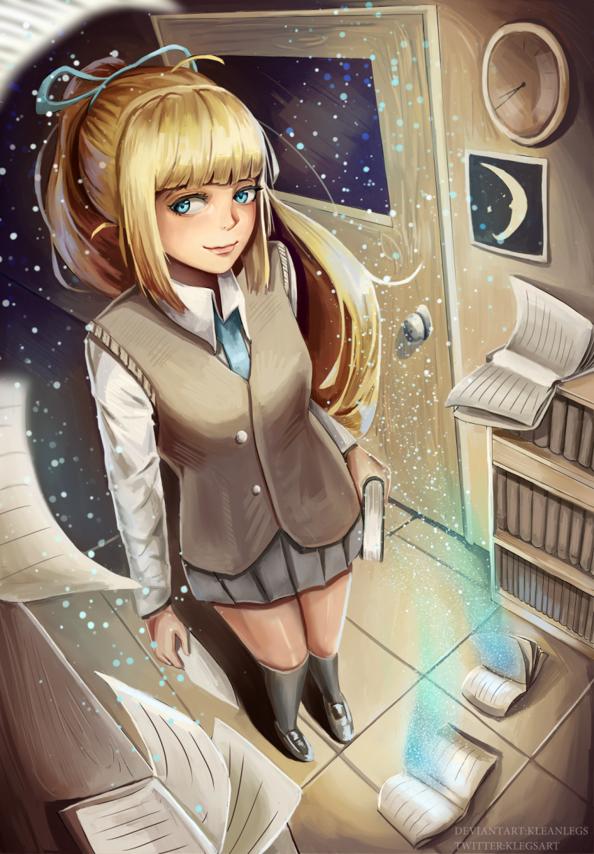 analog_clock arm_at_side artist_name bangs black_footwear black_legwear blonde_hair blue_eyes blue_neckwear blue_ribbon blunt_bangs book bookshelf clock closed_mouth collared_shirt commentary deviantart_username dress_shirt english_commentary full_body grey_skirt hair_ribbon highres holding holding_paper indoors klegsart kneehighs knees_together_feet_apart loafers long_hair long_sleeves looking_at_viewer miniskirt moon necktie open_book original paper perspective picture_(object) ponytail ribbon school_uniform shirt shoes sidelocks skirt smile solo standing tan_vest tile_floor tiles twitter_username very_long_hair vest white_shirt wooden_door