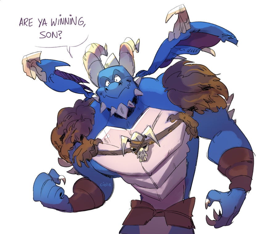 amulet anthro armor blue_scales bubba_(spyro) cjrasmussen claws dragon english_text fist flexing hi_res horn humor looking_at_viewer male muscular muscular_male pose scales smile solo spyro_reignited_trilogy spyro_the_dragon standing text video_games wings