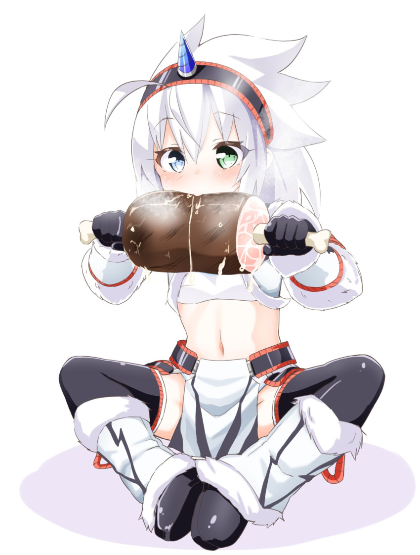 1girl blue_eyes boned_meat eating fake_horns female food green_eyes heterochromia horn kirin_(armor) meat midriff monster_hunter navel niwaka_potato simple_background sitting solo thighhighs white_background white_hair