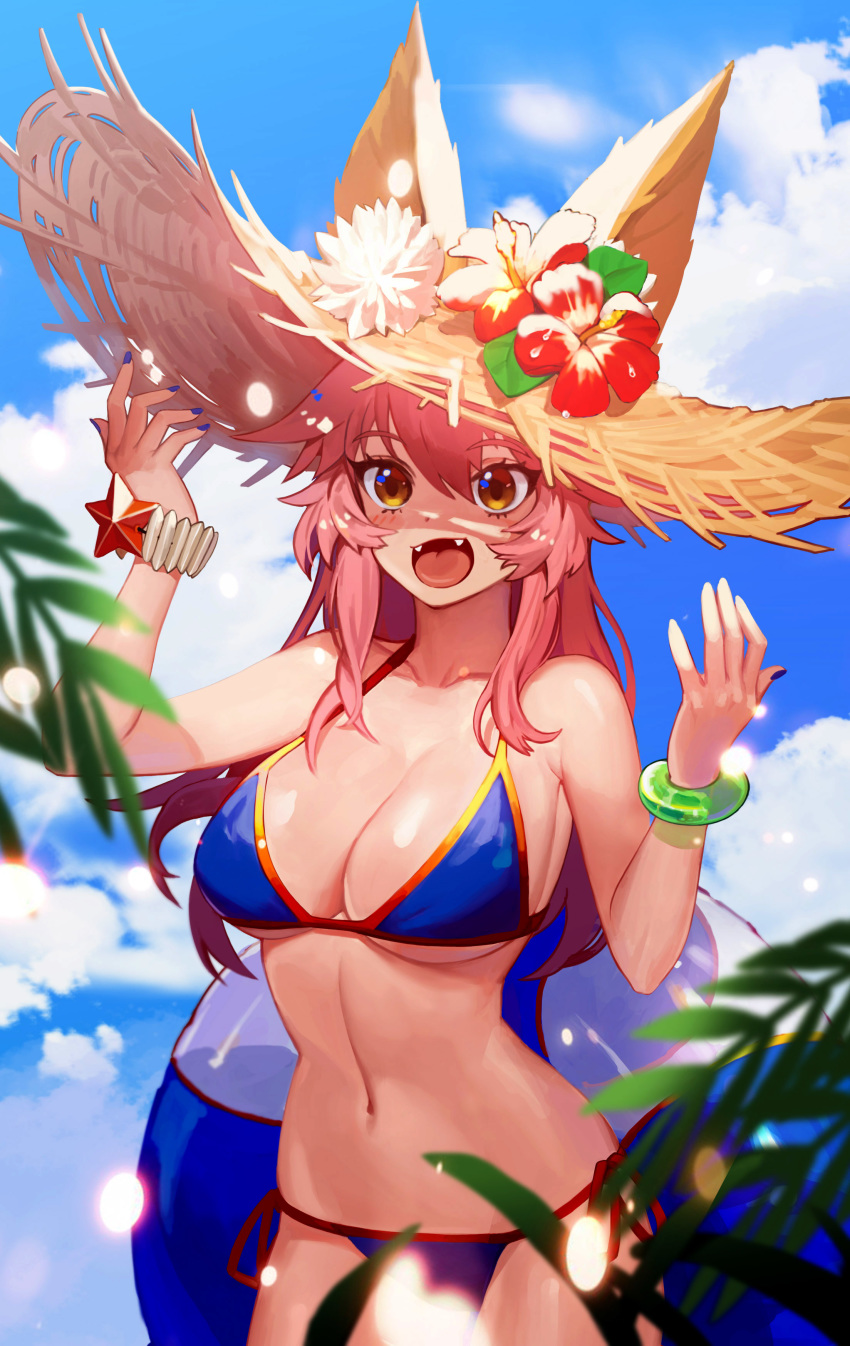 absurdres animal_ear_fluff animal_ears bikini blue_bikini breasts cleavage collarbone day ears_through_headwear fangs fate/grand_order fate_(series) flower fox_ears fox_girl fox_tail groin hat hibiscus highres in innertube large_breasts looking_at_viewer nail nail_polish navel ocean open_mouth outdoors palm_tree pink_hair side-tie_bikini solo straw_hat swimsuit tail tamamo_(fate)_(all) tamamo_no_mae_(swimsuit_lancer)_(fate) tree yellow_eyes