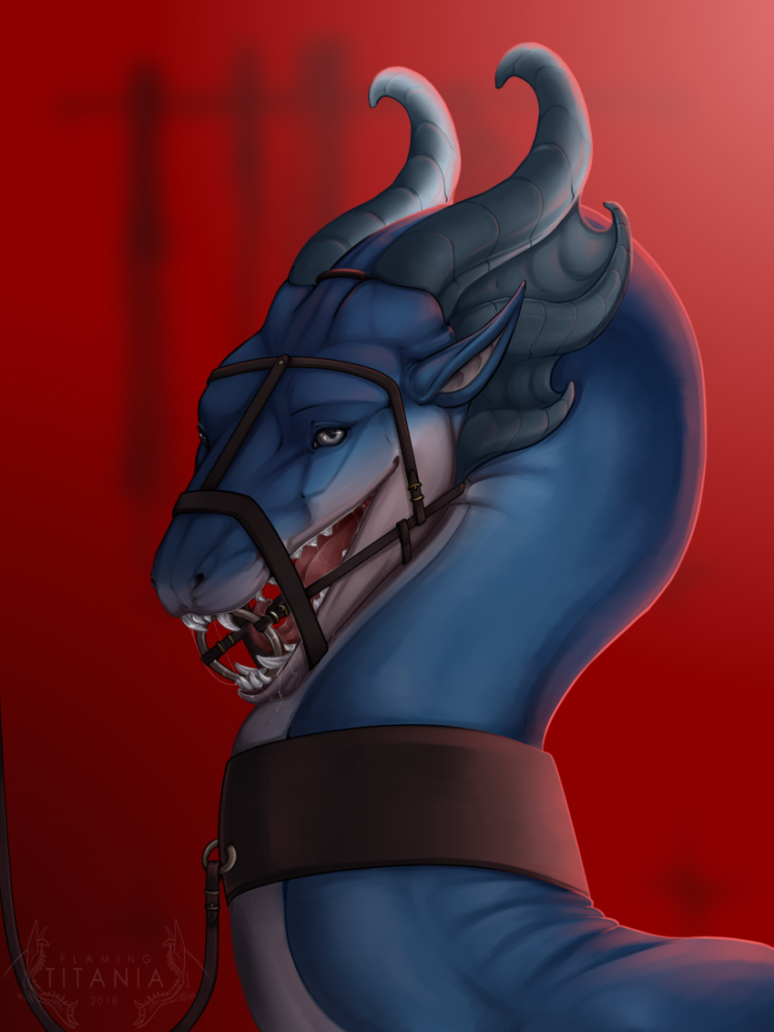 2018 6_horns ambiguous_gender black_eyes blue_skin blurred_background collar curved_horn digital_media_(artwork) dragon drooling feral flamingtitania front_view harness_ring_gag headshot_portrait hi_res horn leash looking_at_viewer multi_horn open_mouth open_smile pink_tongue portrait red_background ridged_horn saliva scalie sharp_teeth simple_background smile solo spectrum_spectralis teeth tongue watermark western_dragon white_horn white_skin