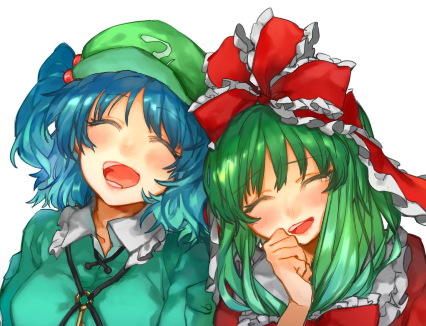 :d ^_^ aqua_jacket bangs blue_hair blush breasts cabbie_hat clenched_hand closed_eyes collarbone commentary dress eyebrows_visible_through_hair facing_viewer frilled_ribbon frilled_shirt_collar frills green_eyes green_hat hair_bobbles hair_ornament hair_ribbon hand_up hat head_tilt jacket kagiyama_hina kawashiro_nitori key long_hair medium_breasts multiple_girls open_mouth pocket red_dress red_ribbon ribbon shidaccc short_hair simple_background smile tears touhou two_side_up upper_body white_background wing_collar