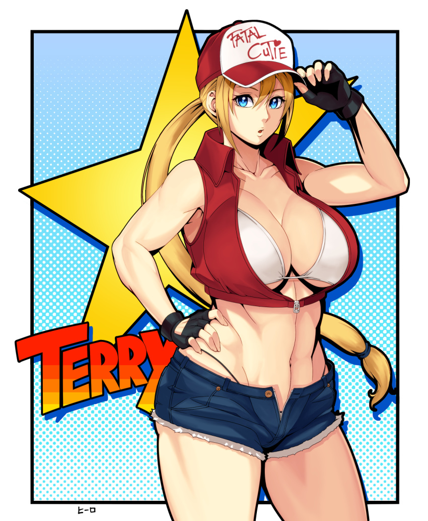 blonde_hair blue_eyes breasts character_name cleavage commentary_request fatal_fury fingerless_gloves genderswap gloves hero_(do-belman) highres large_breasts midriff navel ponytail shorts snk snk_heroines:_tag_team_frenzy solo terry_bogard the_king_of_fighters unzipped white_bikini_top