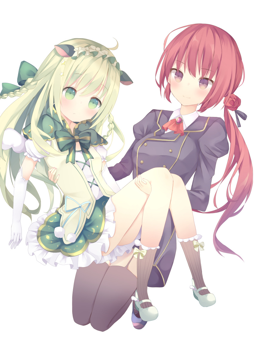 :t absurdres ascot bad_id bad_pixiv_id bangs blush bow braid brown_eyes brown_jacket brown_legwear carrying closed_mouth elbow_gloves eyebrows_visible_through_hair flower frilled_skirt frills garter_straps gloves green_bow green_eyes green_footwear green_hair green_skirt green_vest hair_between_eyes hair_bow hair_flower hair_ornament highres jacket juliet_sleeves long_hair long_sleeves mary_janes multiple_girls original pout princess_carry puffy_short_sleeves puffy_sleeves red_flower red_hair red_neckwear red_rose ribbed_legwear rose shirt shoes short_sleeves simple_background skirt smile socks striped striped_bow thighhighs tsuruse twin_braids very_long_hair vest white_background white_gloves white_shirt