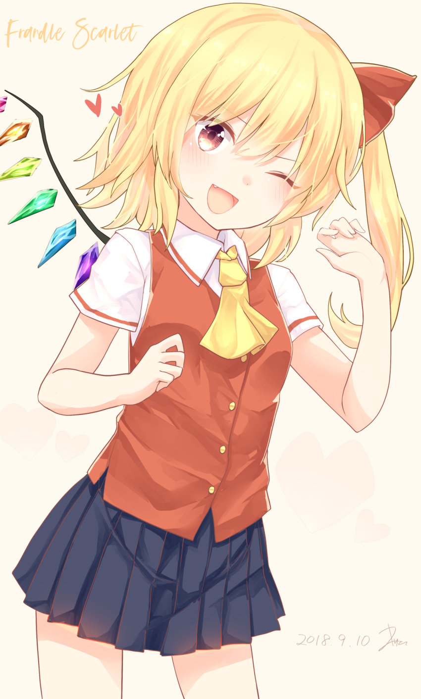 ;d alternate_costume ascot bangs beige_background blonde_hair blue_skirt character_name collared_shirt commentary_request crystal dated eyebrows eyebrows_visible_through_hair fang flandre_scarlet hair_between_eyes hair_ribbon head_tilt heart highres kisamu_(ksmz) looking_at_viewer one_eye_closed open_mouth partial_commentary pleated_skirt red_eyes red_ribbon red_vest ribbon shirt short_sleeves side_ponytail signature simple_background skirt smile solo text_focus touhou vest white_shirt wings
