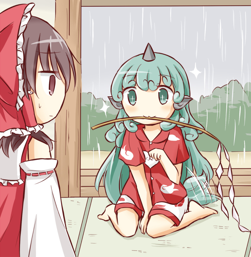 2girls :3 arm_up barefoot between_legs blush bow brown_eyes brown_hair commentary_request curly_hair detached_sleeves expressionless eyebrows_visible_through_hair forest gohei green_eyes hair_bow hakurei_reimu hand_between_legs highres horn indoors kariyushi_shirt komano_aun long_hair looking_at_another medium_hair motion_blur mouth_hold multiple_girls nature open_door overcast paw_pose puchimirin rain red_vest shorts sitting sparkle sweatdrop tail tail_wagging tatami touhou upper_body veranda very_long_hair vest wariza