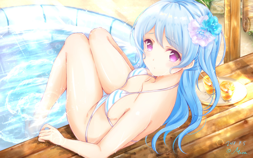 2018 artist_name bang_dream! bangs bare_arms bare_legs bare_shoulders barefoot bikini blue_hair breasts closed_mouth collarbone commentary dated day drink eyebrows_visible_through_hair feet flower hair_flower hair_ornament hello_happy_world! highres ice knees_together_feet_apart legs_together light_blue_hair long_hair looking_at_viewer masa_(mirage77) matsubara_kanon outdoors pool purple_eyes raised_eyebrows rock signature sitting soaking_feet solo striped striped_bikini striped_swimsuit sunlight swimsuit thigh_gap thighs wallpaper water wet white_bikini