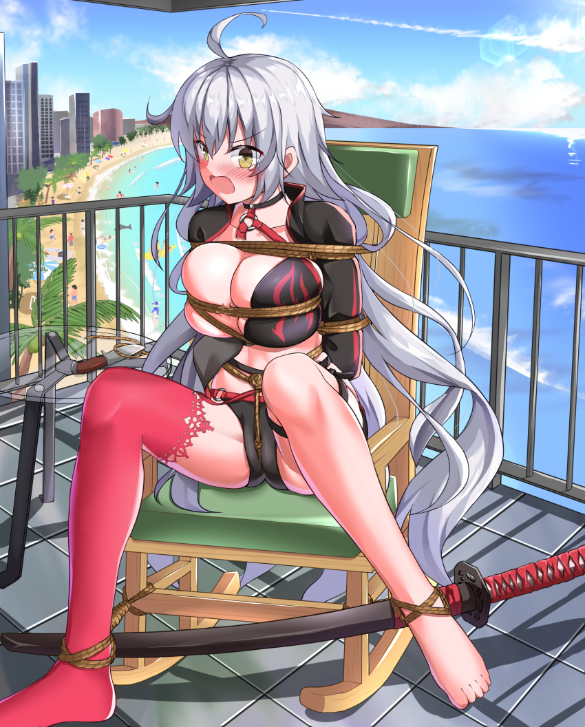 ahoge arms_behind_back artoria_pendragon_(all) baseball_cap bdsm beach between_labia bikini black_bikini black_choker black_gloves black_jacket blue_sky bondage bound bound_arms bound_wrists breasts bursting_breasts chair choker cityscape cloud cloudy_sky commentary_request cropped_jacket crotch_rope day deep_skin fate/grand_order fate_(series) gloves hair_between_eyes harness hat highres horizon jacket jeanne_d'arc_(alter_swimsuit_berserker) jeanne_d'arc_(fate)_(all) kuraudo legs long_hair long_legs mysterious_heroine_xx_(foreigner) o-ring o-ring_bikini o-ring_bottom o-ring_top ocean outdoors palm_tree red_legwear restrained robe rocking_chair rope shibari shrug_(clothing) single_thighhigh sitting sky solo_focus swimsuit thigh_strap thighhighs tied_up transparent tree very_long_hair white_hair yellow_eyes