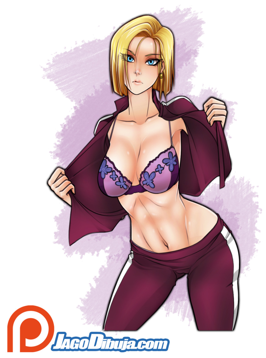 android_18 artist_name blonde_hair blue_eyes bra breasts cleavage collarbone commentary_request contrapposto cowboy_shot dragon_ball dragon_ball_z earrings embroidery eyebrows_visible_through_hair eyes_visible_through_hair flashing highres jacket jago_dibuja jewelry lace lace-trimmed_bra large_breasts lips looking_at_viewer midriff navel open_clothes open_jacket patreon_logo ribs short_hair solo spanish_commentary standing stomach toned track_jacket track_suit underwear watermark web_address