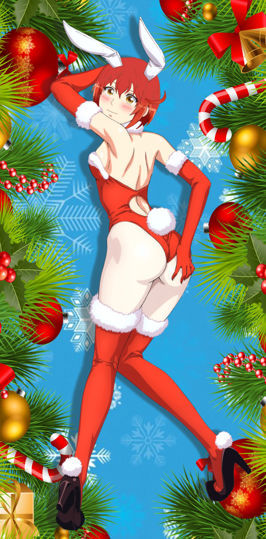 1girl ae-3803 ahoge animal_ears arm_behind_back arm_up ass ass_grab back bare_back bare_shoulders black_footwear blush breasts bunny_ears bunny_girl bunny_tail bunnysuit candy candy_cane christmas closed_mouth cutout elbow_gloves fake_animal_ears female food full_body gloves hair_between_eyes hand_behind_head hand_on_hip hataraku_saibou high_heels highres knees_together_feet_apart leotard looking_at_viewer looking_back medium_breasts red_gloves red_hair red_legwear red_leotard short_hair sideboob smile snowflakes solo standing strapless strapless_leotard tail thighhighs yellow_eyes