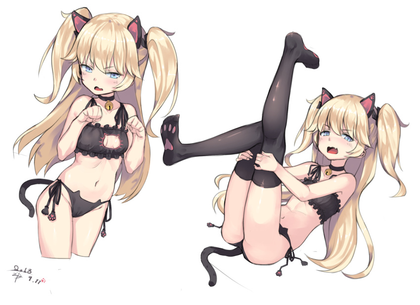 animal_ears arms_up ass bell black_bra black_hair black_panties blonde_hair blue_eyes bra cat_ears cat_lingerie cat_tail choker commentary english_commentary fang girls_frontline gogongzid highres jingle_bell knees_together_feet_apart legs_up long_hair lying meme_attire multiple_views navel no_shoes on_back open_mouth panties paw_pose side-tie_panties simple_background super_shorty_(girls_frontline) tail thighhighs two_side_up underwear white_background