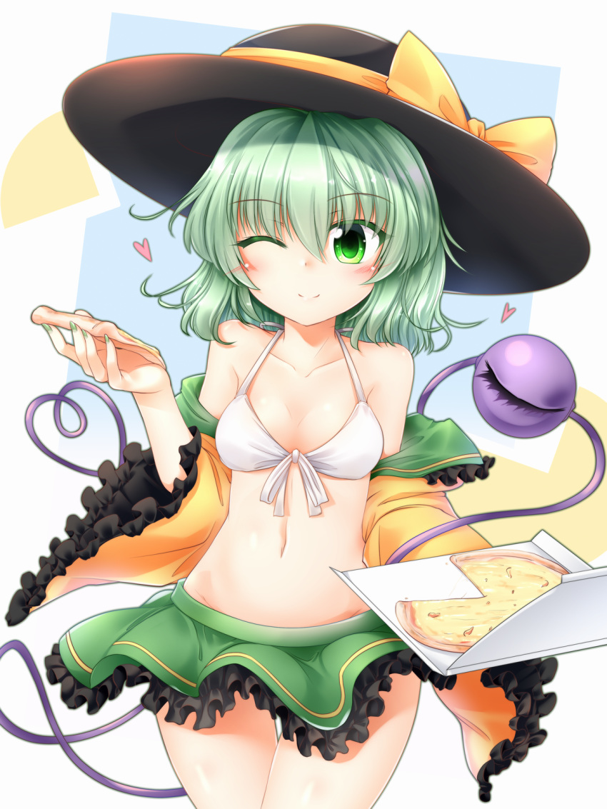 ;) bangs bare_shoulders black_hat blush bow box breasts collarbone colored_eyelashes commentary cowboy_shot eyebrows_visible_through_hair food frilled_shirt_collar frilled_sleeves frills front-tie_bikini front-tie_top green_eyes green_hair green_nails green_skirt groin hair_between_eyes halterneck hat hat_bow heart heart_of_string highres holding holding_box holding_food holding_pizza komeiji_koishi long_sleeves looking_at_viewer m9kndi miniskirt nail_polish navel off_shoulder one_eye_closed open_clothes open_shirt petticoat pizza pizza_box shiny shiny_skin shirt short_hair skirt small_breasts smile solo standing stomach thigh_gap thighs third_eye touhou white_background white_bikini_top wide_sleeves yellow_bow yellow_shirt