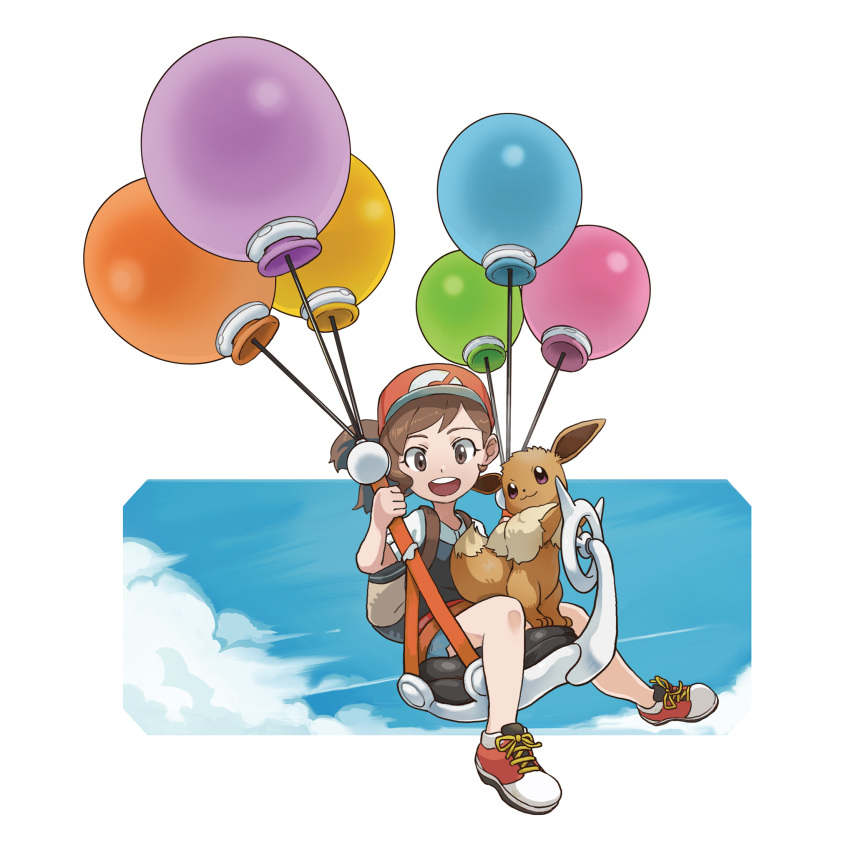 :3 artist_request ayumi_(pokemon) backpack bag balloon baseball_cap black_shirt blue_shorts blue_sky brown_eyes brown_hair chestnut_mouth child cloud commentary day eevee english_commentary flat_chest floating full_body gen_1_pokemon hand_up happy hat highres looking_down mizutani_megumi official_art open_mouth outdoors outline poke_ball_symbol poke_ball_theme pokemon pokemon_(creature) pokemon_(game) pokemon_lgpe ponytail purple_eyes red_footwear red_hair shiny shiny_hair shirt shoes short_shorts short_sleeves shorts sitting sky smile teeth tied_hair tiptoes transparent_background white_outline