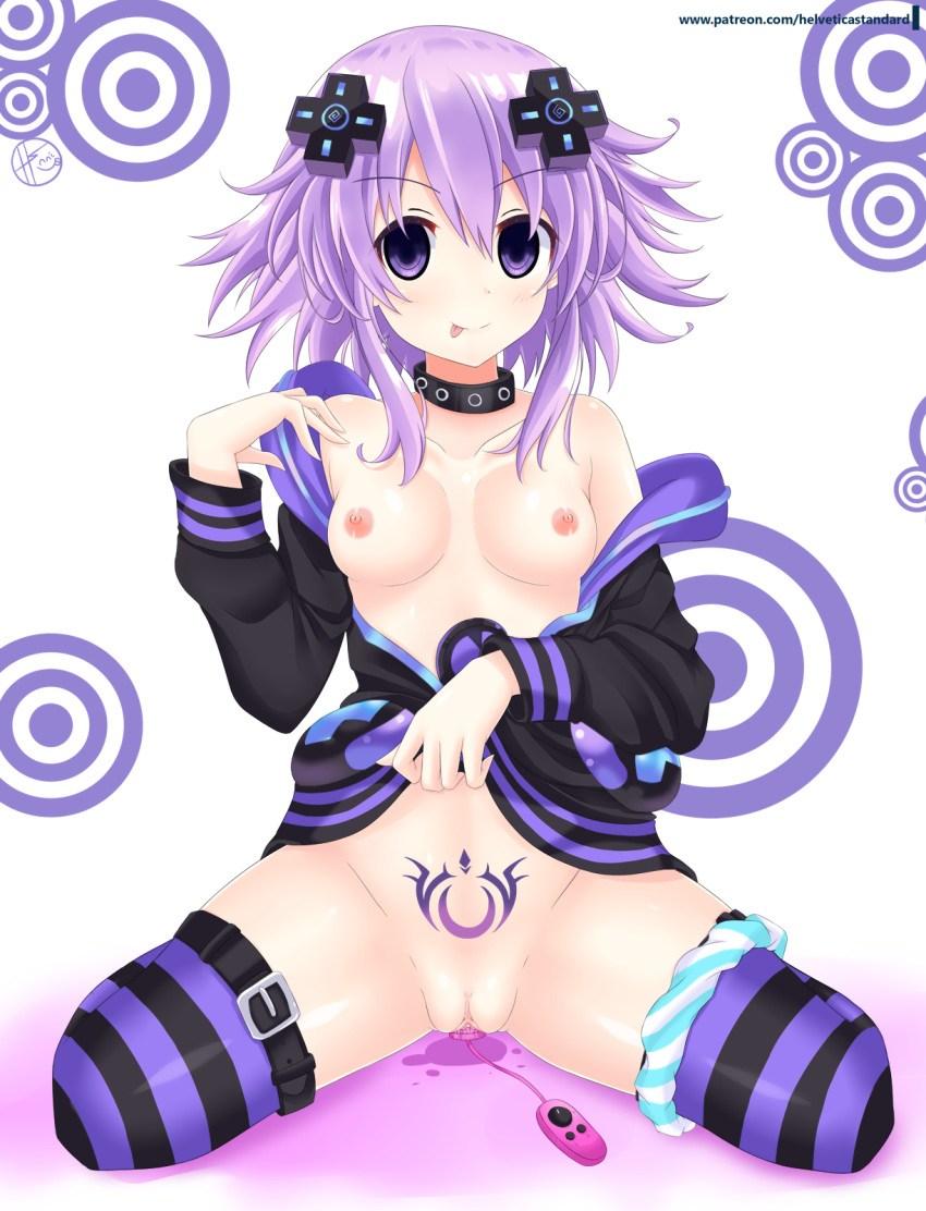 ;p adult_neptune adult_neptune_(cosplay) bare_shoulders belt blush breasts collarbone commentary corruption cosplay d-pad d-pad_hair_ornament empty_eyes hair_between_eyes hair_ornament helvetica_5tandard highres hood hooded_jacket jacket jacket_lift jacket_pull lifted_by_self looking_at_viewer masturbation md5_mismatch medium_hair naughty_face neptune_(choujigen_game_neptune) neptune_(series) nipples no_bra object_insertion off_shoulder one_eye_closed panties panties_around_one_leg pubic_tattoo pulled_by_self purple_eyes purple_hair pussy_juice seiza shin_jigen_game_neptune_vii sitting small_breasts solo spread_legs striped striped_legwear striped_panties tattoo thigh_strap thighhighs tongue tongue_out uncensored underwear vaginal vaginal_object_insertion vibrator