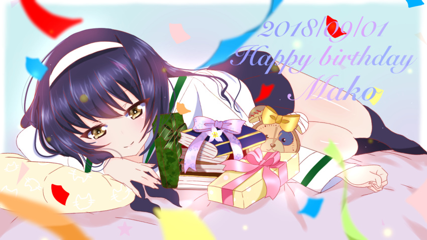 bangs bed_sheet black_hair black_legwear black_neckwear black_skirt blouse blurry blurry_foreground book brown_eyes character_name closed_mouth commentary confetti cursive dated depth_of_field flower gift girls_und_panzer hairband happy_birthday long_hair long_sleeves looking_at_viewer lying miniskirt neckerchief on_bed on_side ooarai_school_uniform pamchapyuzu pillow pleated_skirt reizei_mako school_uniform serafuku skirt smile socks solo white_blouse white_hairband