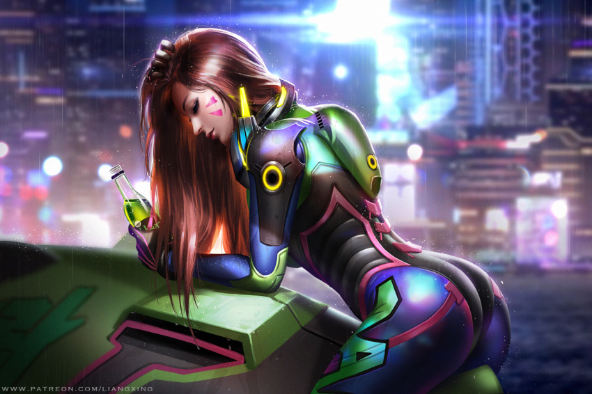 alternate_color alternate_costume ass blurry blurry_background bodysuit bottle brown_hair closed_eyes d.va_(overwatch) facepaint facial_mark gloves high_collar leaning_on_object liang_xing lips long_hair meka_(overwatch) nano_cola_d.va night outdoors overwatch parted_lips patreon_username pilot_suit rain ribbed_bodysuit shoulder_pads skin_tight solo watermark web_address whisker_markings