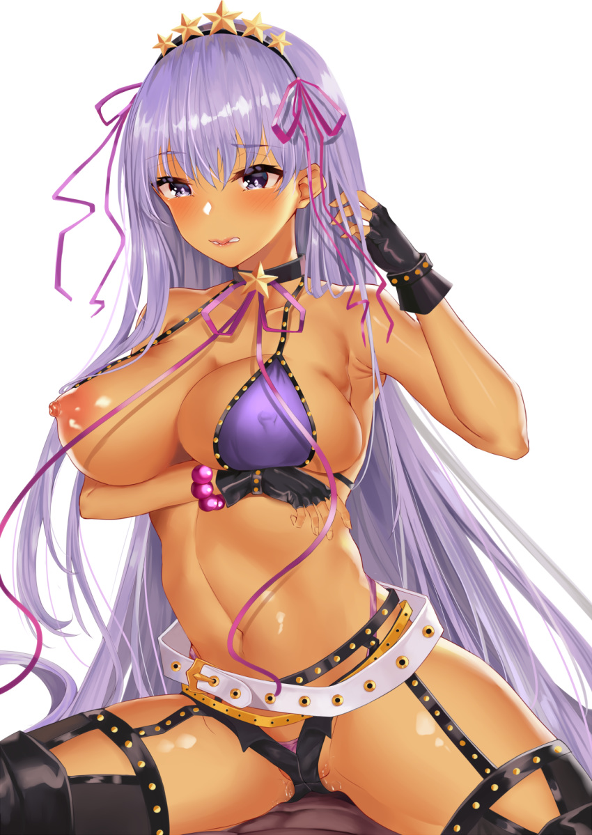 bb_(fate)_(all) bb_(swimsuit_mooncancer)_(fate) belt bikini black_garter_belt blush breast_hold breasts choker commentary_request covered_nipples embarrassed error_dot fate/grand_order fate_(series) fingerless_gloves garter_belt gloves gold_trim gyaru hair_ornament hair_ribbon highres large_breasts lips long_hair micro_shorts navel nipples one_breast_out open_fly partially_visible_vulva puffy_nipples purple_bikini purple_eyes purple_hair purple_ribbon pussy_juice ribbon seiza shorts sitting solo star star_choker star_hair_ornament studded_garter_belt swimsuit tan very_long_hair