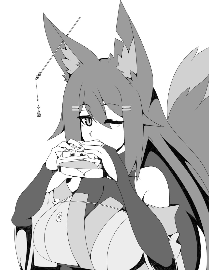 animal_ear_fluff animal_ears borrowed_character breasts bridal_gauntlets eyebrows_visible_through_hair eyes_visible_through_hair food fox_ears greyscale hair_between_eyes hair_ornament hairpin highres holding holding_food huge_breasts kiri_(sub-res) long_hair looking_at_viewer monochrome one_eye_closed original reddgeist sandwich simple_background slit_pupils solo upper_body white_background