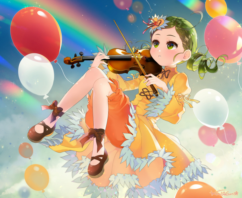 absurdres balloon black_bow black_footwear black_ribbon bow bow_(instrument) dodmsdk dress drill_hair green_eyes green_hair hair_ornament heart heart_hair_ornament highres holding holding_instrument instrument juliet_sleeves kanaria knees_together_feet_apart long_sleeves music parted_lips playing_instrument puffy_sleeves rainbow ribbon rozen_maiden shoes short_hair solo sparkle turtleneck twin_drills violin wide_sleeves yellow_dress