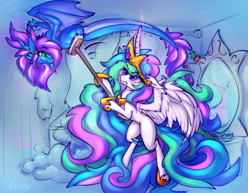 2018 detailed_background digital_media_(artwork) dragon duo equine feathered_wings feathers feral friendship_is_magic green_eyes hair hooves horn mammal membranous_wings multicolored_hair my_little_pony oksara princess_celestia_(mlp) purple_eyes smile white_feathers winged_unicorn wings