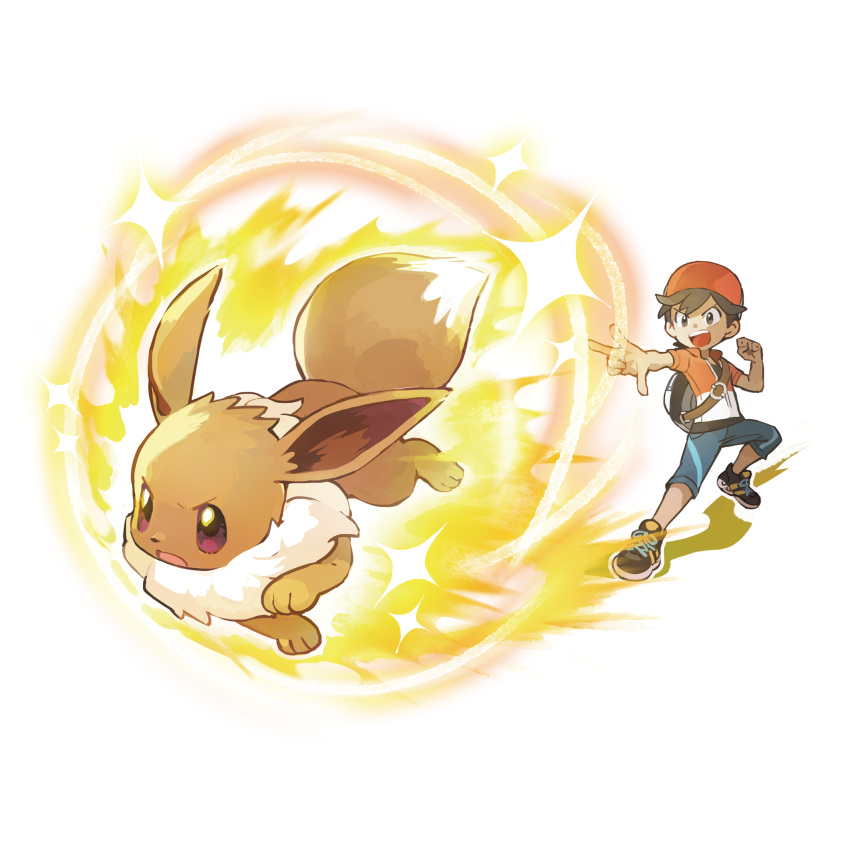 arm_up artist_request backpack bag baseball_cap black_eyes black_hair blue_shorts child clenched_hand commentary eevee english_commentary full_body gen_1_pokemon hand_up hat highres kakeru_(pokemon) looking_at_another male_focus mizutani_megumi official_art open_mouth outline outstretched_arm pokemon pokemon_(creature) pokemon_(game) pokemon_lgpe purple_eyes red_hat red_shirt running shirt shoes short_hair short_sleeves shorts smile sparkle standing teeth transparent_background undershirt white_outline yellow_footwear