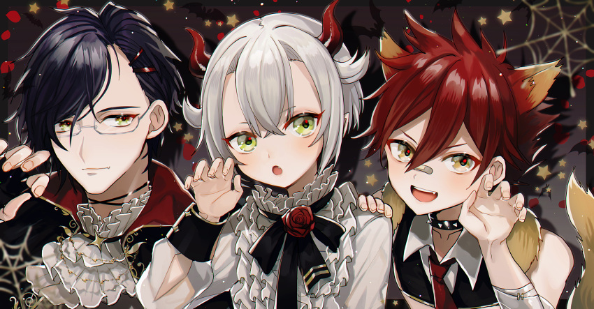 3boys :d :o abandon_ranka aizen_kunitoshi akashi_kuniyuki animal_ears collar collared_shirt cravat demon_horns flower frilled_shirt frills glasses green_eyes hair_ornament hairclip halloween hand_on_another's_shoulder highres horns hotarumaru male_focus multiple_boys necktie open_mouth purple_hair red_flower red_hair red_rose rose shirt silk silver_hair smile spider_web spiked_collar spikes star tail touken_ranbu upper_body wolf_ears wolf_tail yellow_eyes