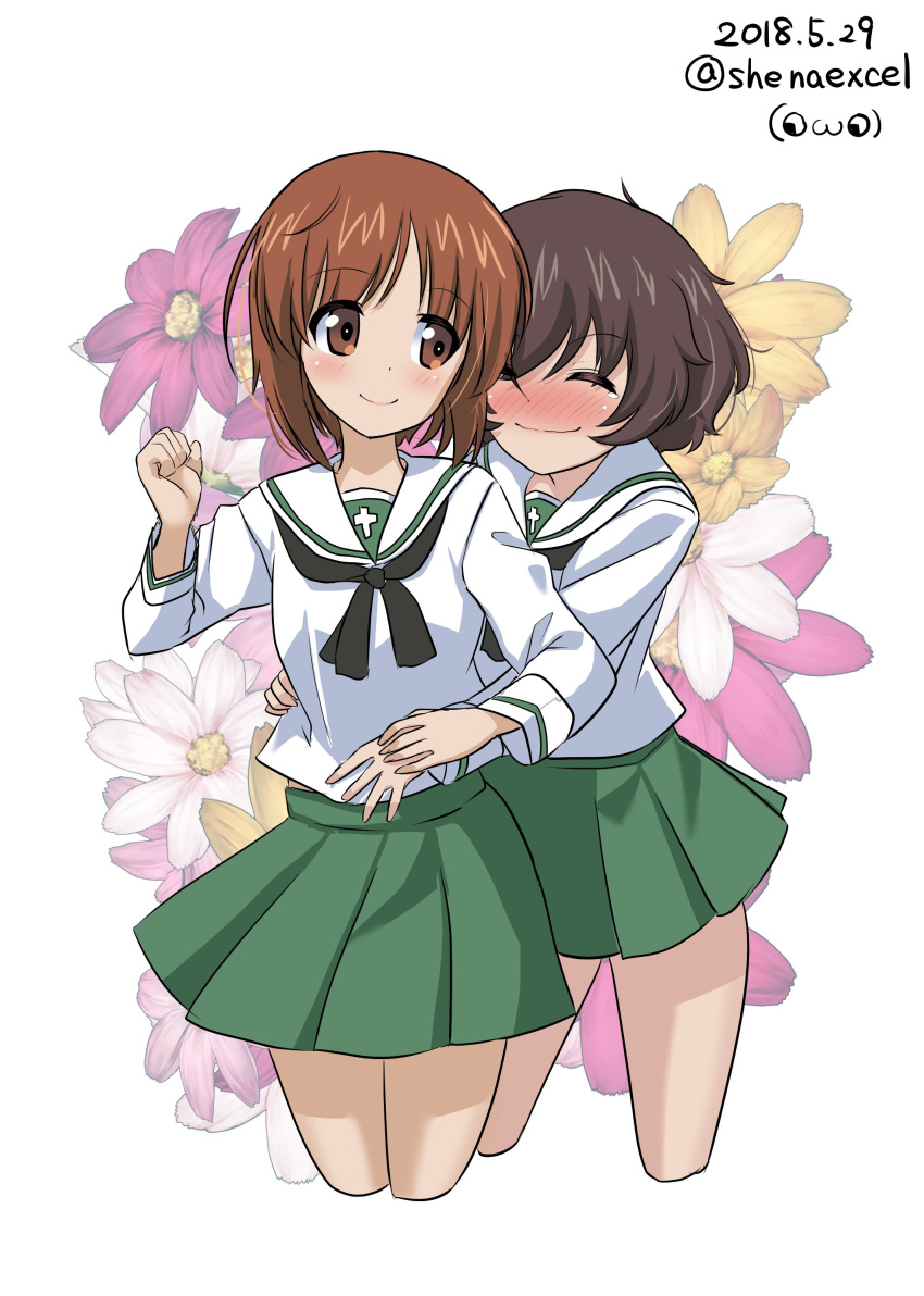 absurdres akiyama_yukari bangs black_neckwear blouse blush brown_eyes brown_hair clenched_hand closed_mouth commentary_request cropped_legs dated excel_(shena) eyebrows_visible_through_hair floral_background girls_und_panzer green_skirt happy highres hug hug_from_behind long_sleeves looking_at_another looking_back messy_hair miniskirt multiple_girls neckerchief nishizumi_miho ooarai_school_uniform partial_commentary pleated_skirt school_uniform serafuku short_hair skirt smile standing tearing_up twitter_username watermark white_background white_blouse