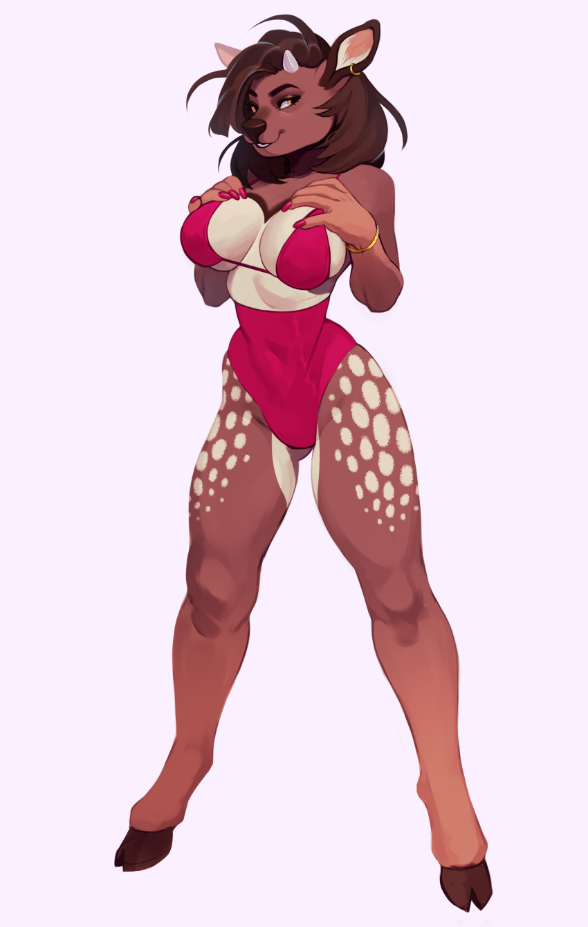 anthro antlers big_breasts bikini blush breasts cervine clothed clothing digital_media_(artwork) ear_piercing female hair hooves horn lia(naexus) mammal piercing solo standing swimsuit takiminada thick_thighs