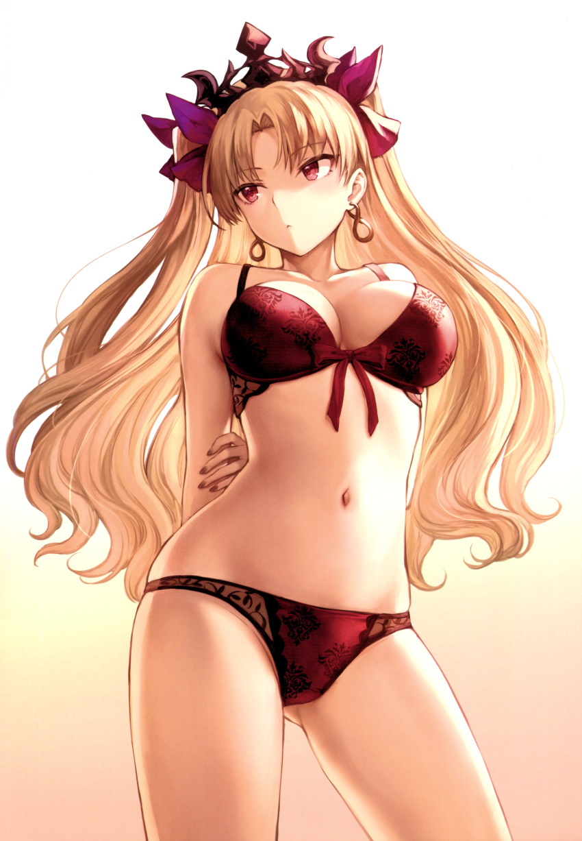 :&lt; absurdres arms_behind_back ass_visible_through_thighs bangs blonde_hair bra breasts cleavage closed_mouth collarbone contrapposto cowboy_shot crown earrings ereshkigal_(fate/grand_order) eyebrows_visible_through_hair fate/grand_order fate_(series) frown gradient gradient_background hair_ornament highres jewelry large_breasts long_hair looking_away mashu_003 navel panties parted_bangs red_bra red_eyes red_panties scan simple_background solo standing two_side_up underwear underwear_only