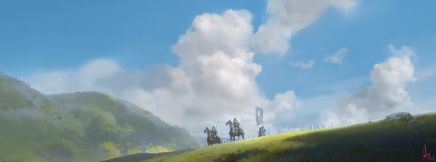 army banner blue_sky cloud cloudy_sky commentary day english_commentary full_armor helmet highres hill horse horseback_riding japanese_armor kabuto ling_xiang original outdoors riding signature sitting sky soldier